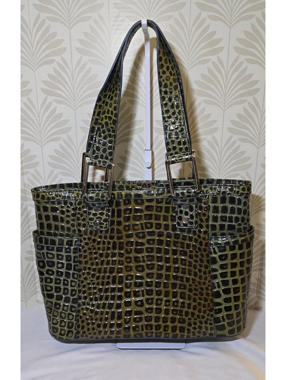 Jen Groover Butler Bag Green Croc Embossed Leather Organizer Tote